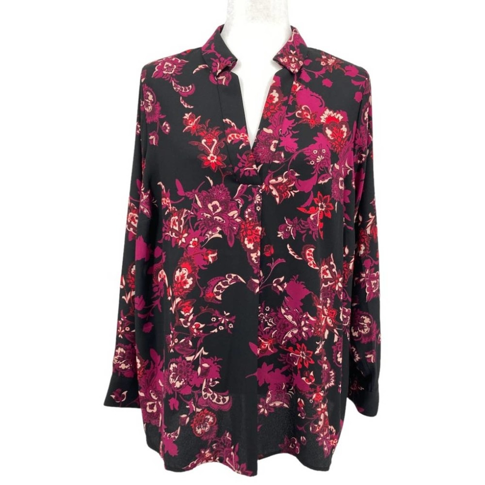 Dana Buchman 0X  Black and Pink Floral Long Sleeve Collared Split Neck Blouse